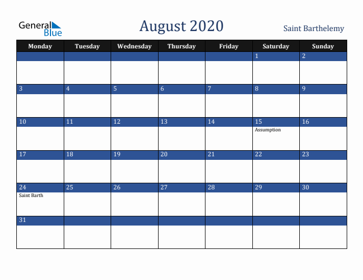 August 2020 Saint Barthelemy Calendar (Monday Start)