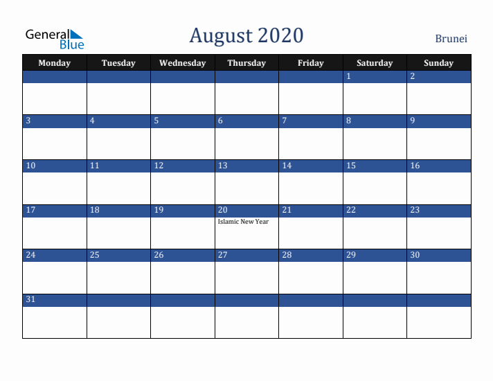 August 2020 Brunei Calendar (Monday Start)
