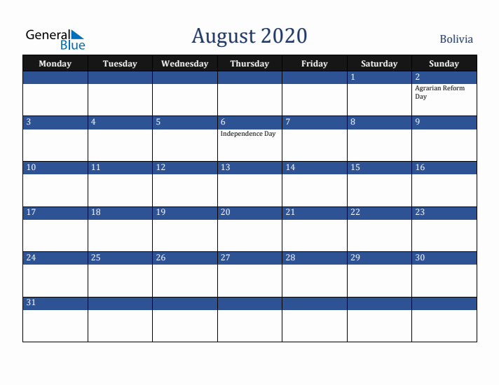 August 2020 Bolivia Calendar (Monday Start)