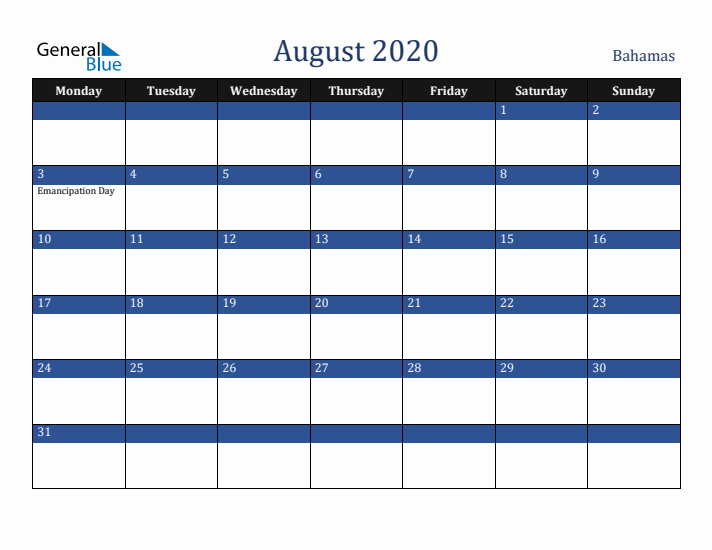 August 2020 Bahamas Calendar (Monday Start)