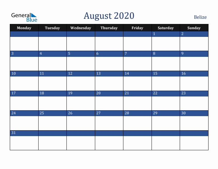August 2020 Belize Calendar (Monday Start)