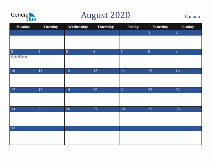 August 2020 Canada Calendar (Monday Start)
