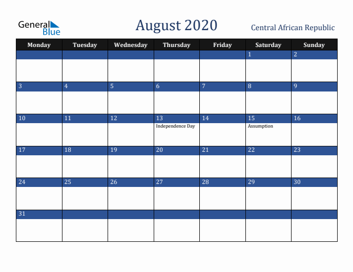 August 2020 Central African Republic Calendar (Monday Start)