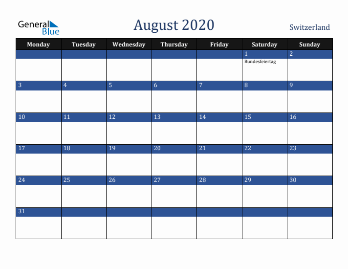 August 2020 Switzerland Calendar (Monday Start)
