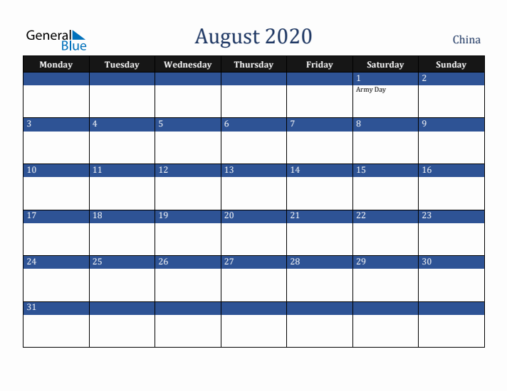 August 2020 China Calendar (Monday Start)