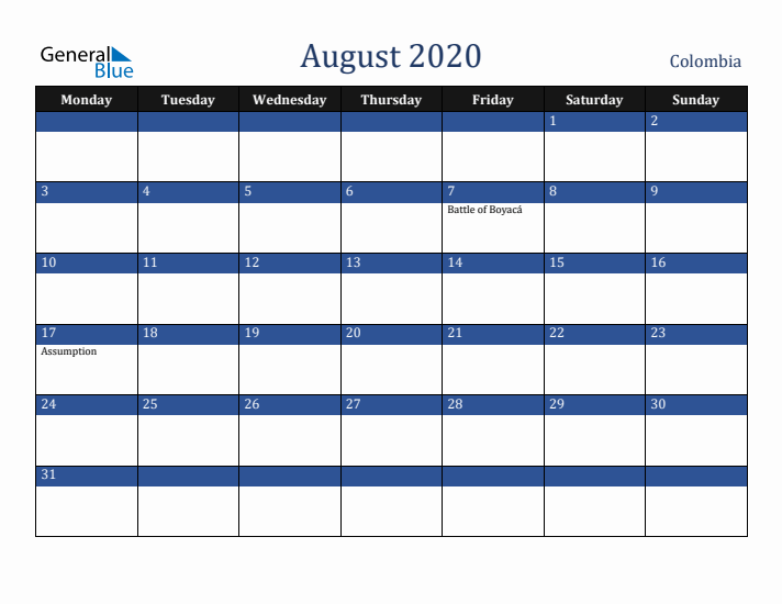 August 2020 Colombia Calendar (Monday Start)