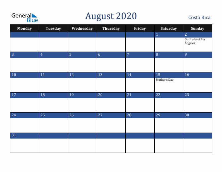 August 2020 Costa Rica Calendar (Monday Start)