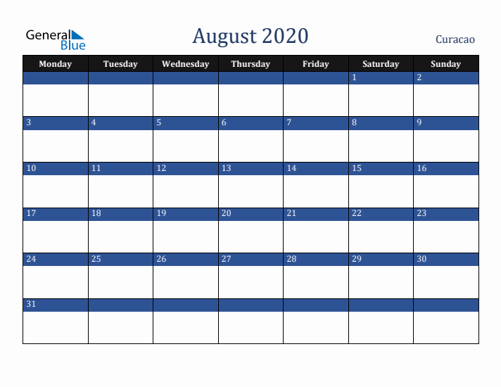 August 2020 Curacao Calendar (Monday Start)