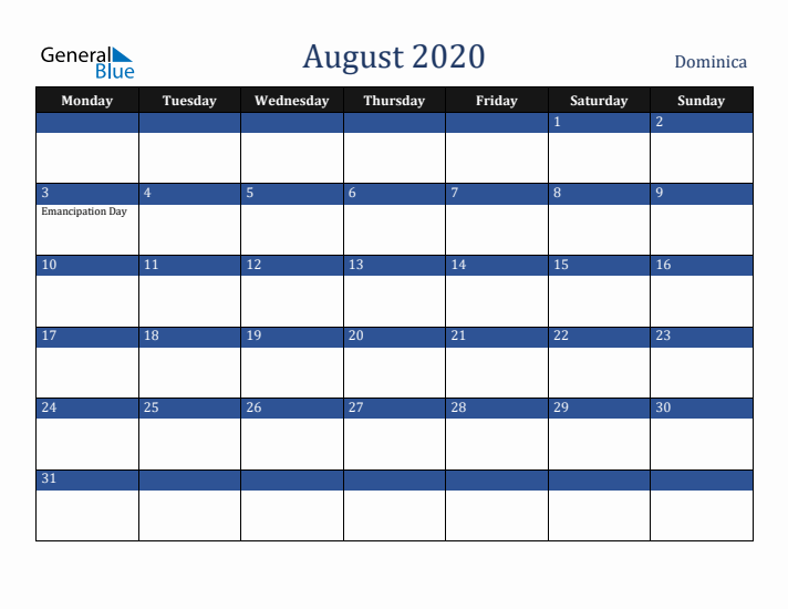 August 2020 Dominica Calendar (Monday Start)