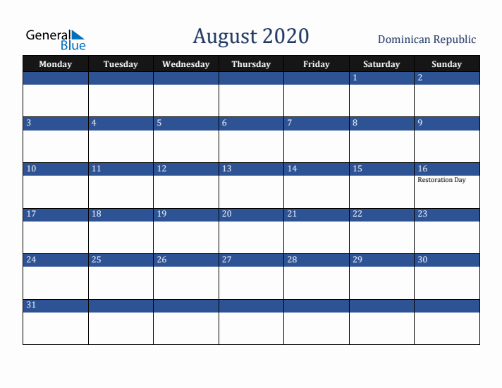 August 2020 Dominican Republic Calendar (Monday Start)