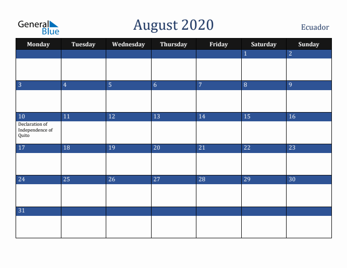 August 2020 Ecuador Calendar (Monday Start)