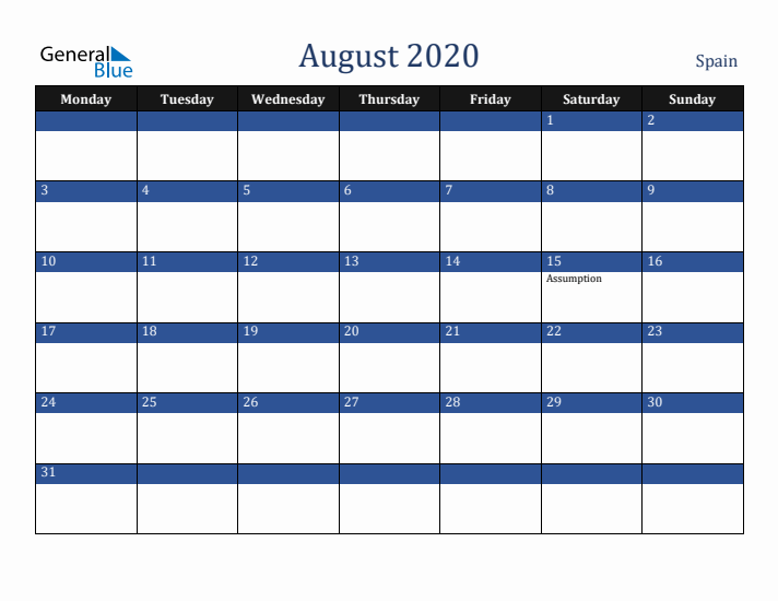 August 2020 Spain Calendar (Monday Start)