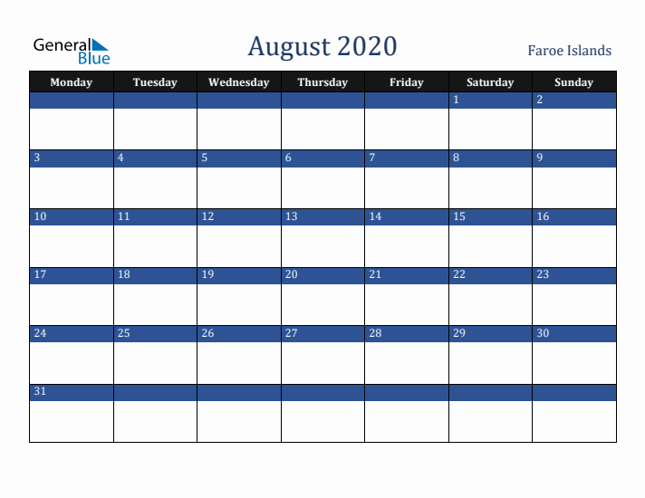August 2020 Faroe Islands Calendar (Monday Start)