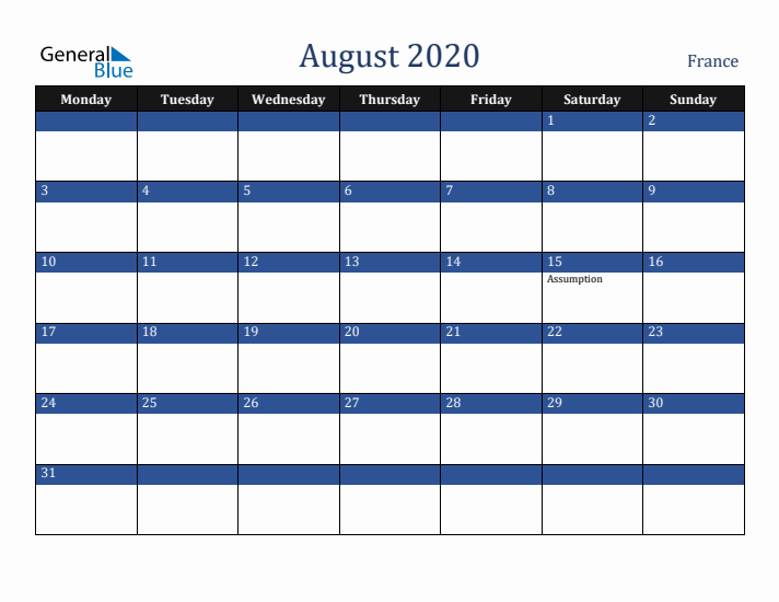 August 2020 France Calendar (Monday Start)