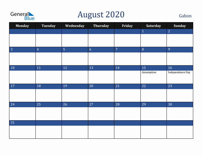 August 2020 Gabon Calendar (Monday Start)