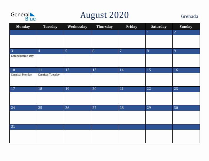 August 2020 Grenada Calendar (Monday Start)