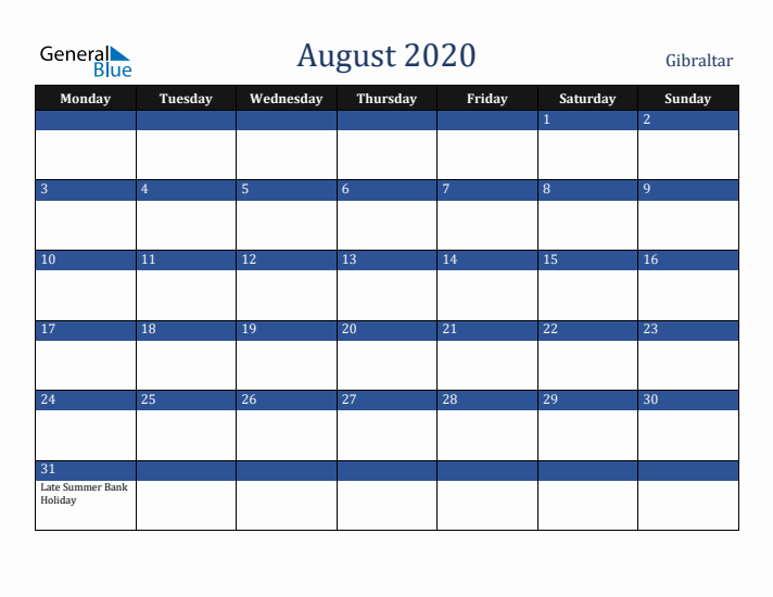 August 2020 Gibraltar Calendar (Monday Start)