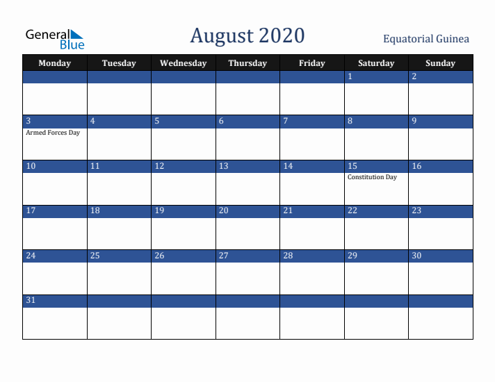 August 2020 Equatorial Guinea Calendar (Monday Start)