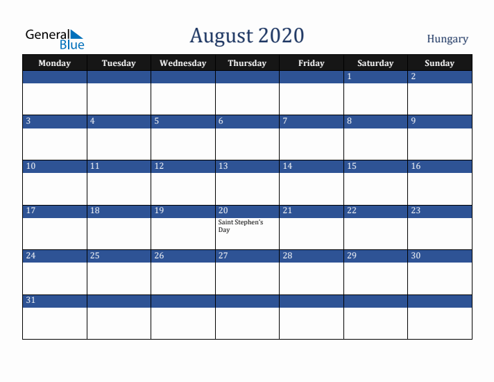 August 2020 Hungary Calendar (Monday Start)