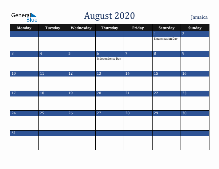 August 2020 Jamaica Calendar (Monday Start)