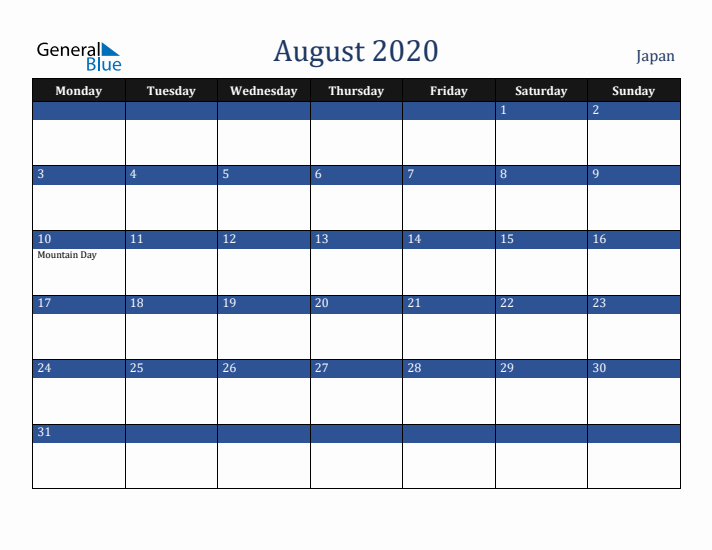 August 2020 Japan Calendar (Monday Start)