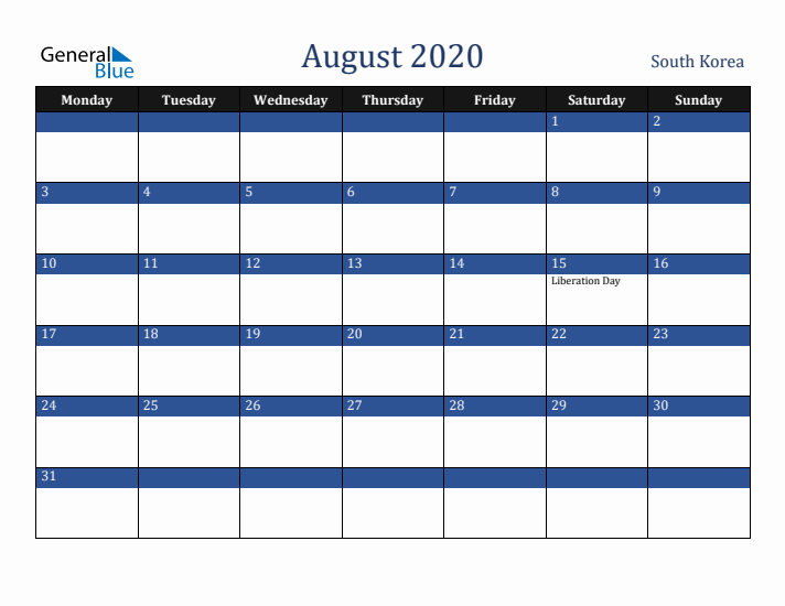 August 2020 South Korea Calendar (Monday Start)