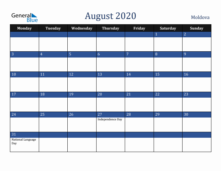 August 2020 Moldova Calendar (Monday Start)