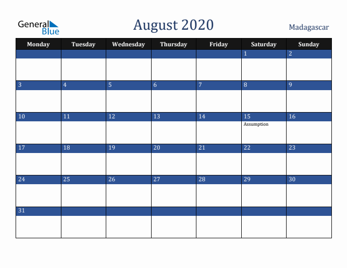 August 2020 Madagascar Calendar (Monday Start)