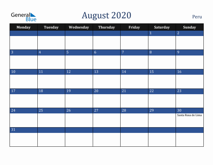 August 2020 Peru Calendar (Monday Start)