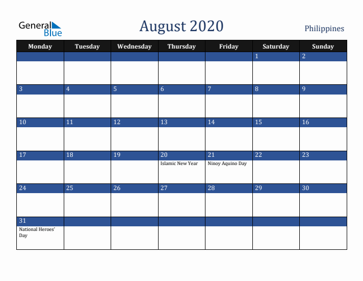 August 2020 Philippines Calendar (Monday Start)
