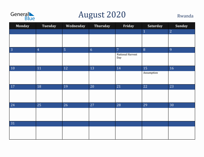 August 2020 Rwanda Calendar (Monday Start)