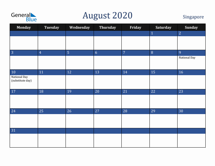 August 2020 Singapore Calendar (Monday Start)