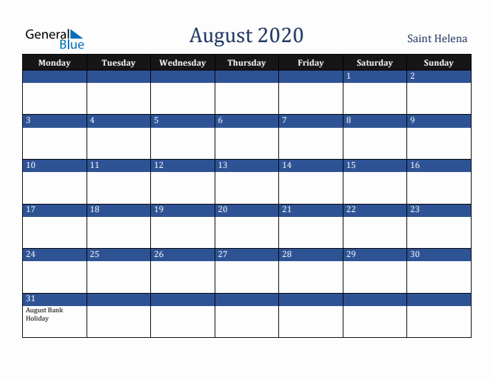 August 2020 Saint Helena Calendar (Monday Start)