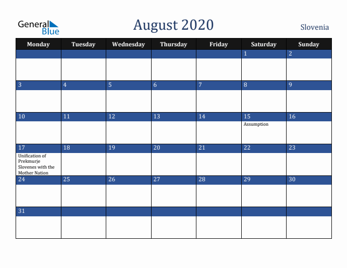 August 2020 Slovenia Calendar (Monday Start)
