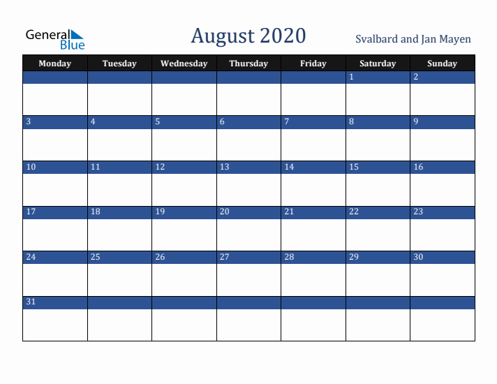 August 2020 Svalbard and Jan Mayen Calendar (Monday Start)