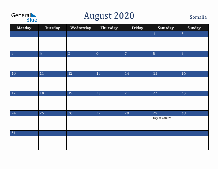 August 2020 Somalia Calendar (Monday Start)