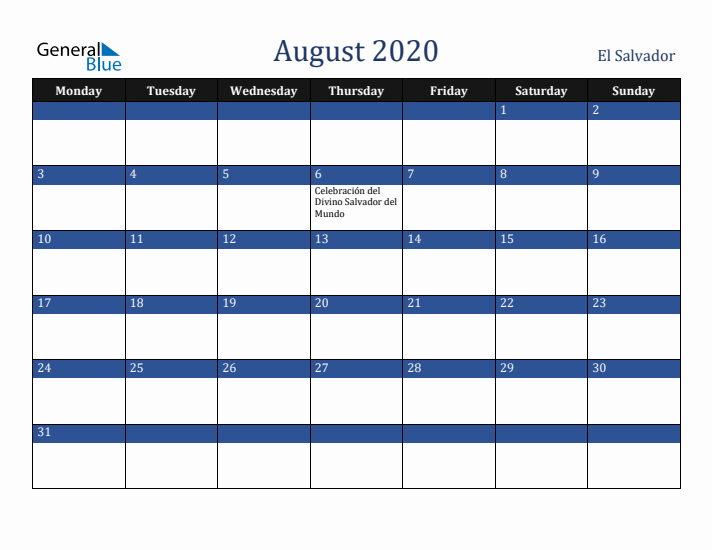 August 2020 El Salvador Calendar (Monday Start)