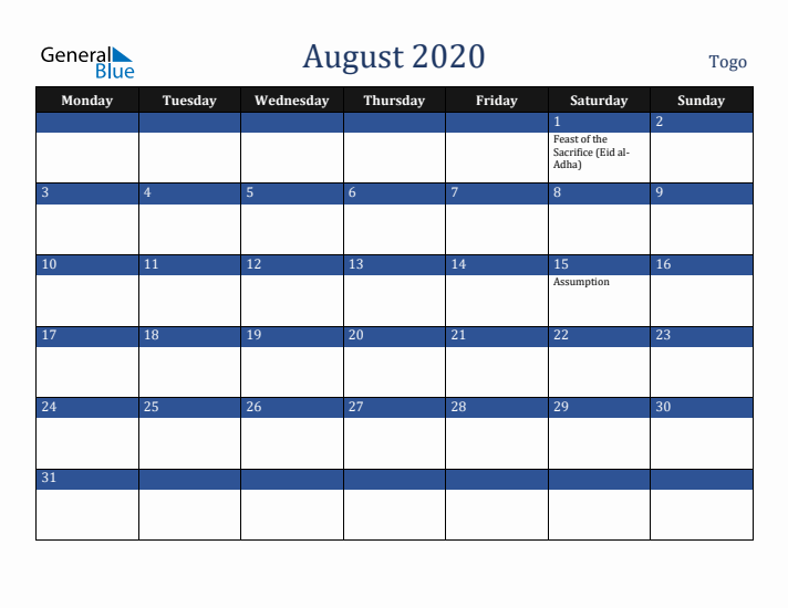 August 2020 Togo Calendar (Monday Start)
