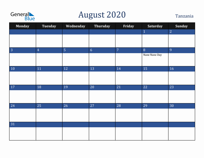 August 2020 Tanzania Calendar (Monday Start)