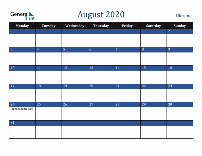 August 2020 Ukraine Calendar (Monday Start)