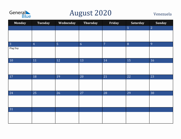August 2020 Venezuela Calendar (Monday Start)
