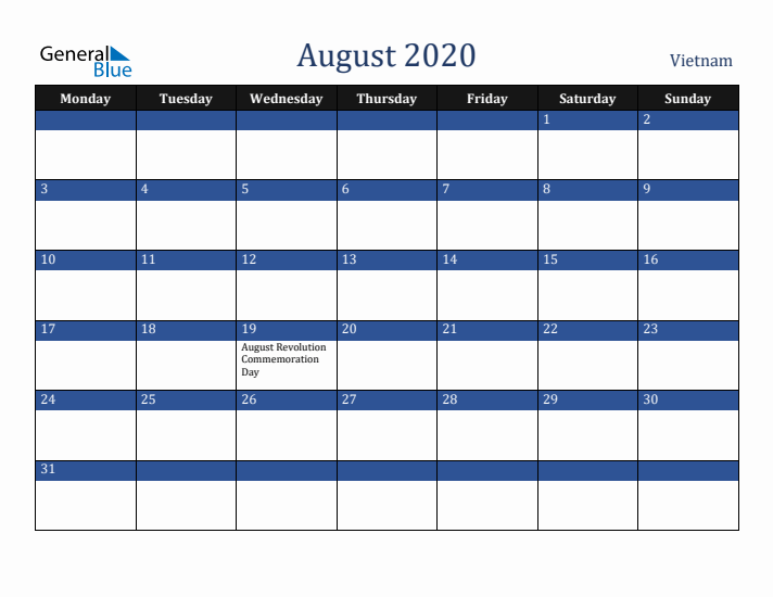 August 2020 Vietnam Calendar (Monday Start)