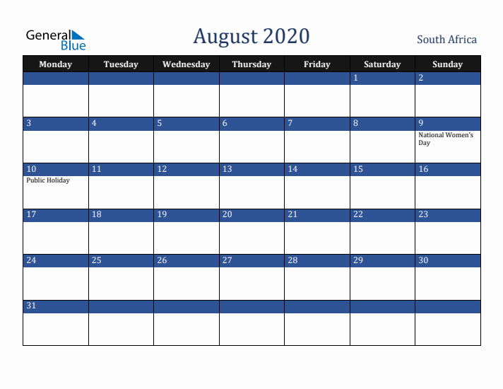 August 2020 South Africa Calendar (Monday Start)