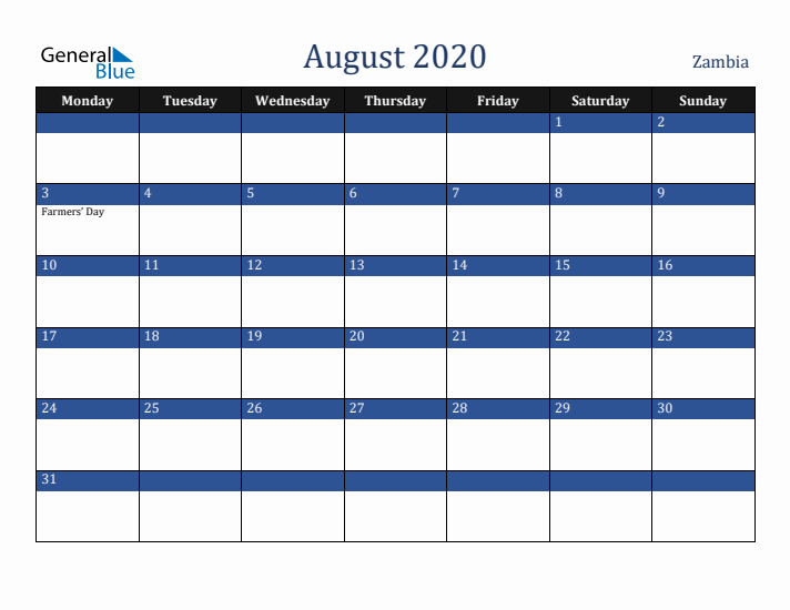 August 2020 Zambia Calendar (Monday Start)
