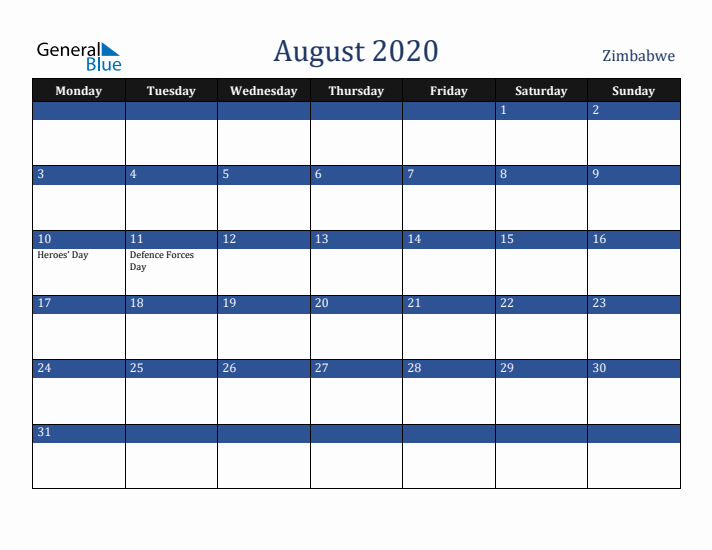 August 2020 Zimbabwe Calendar (Monday Start)