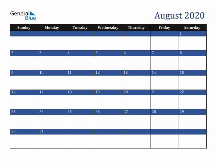Sunday Start Calendar for August 2020