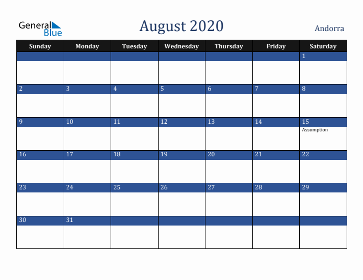 August 2020 Andorra Calendar (Sunday Start)