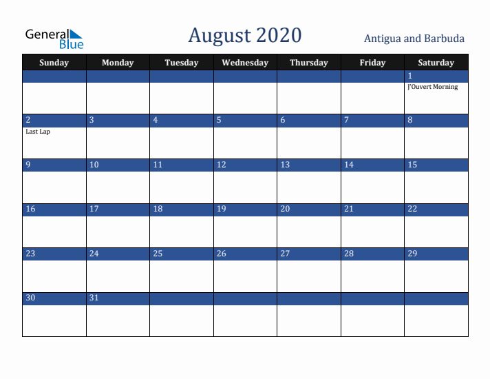 August 2020 Antigua and Barbuda Calendar (Sunday Start)
