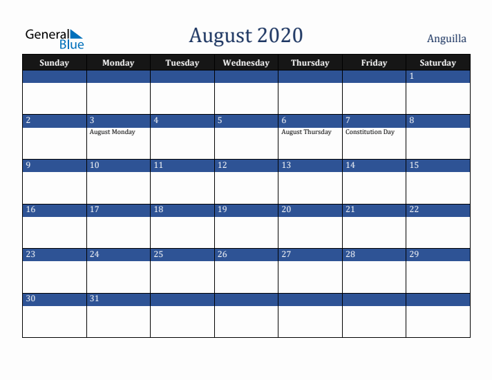 August 2020 Anguilla Calendar (Sunday Start)