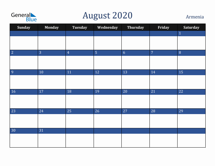August 2020 Armenia Calendar (Sunday Start)
